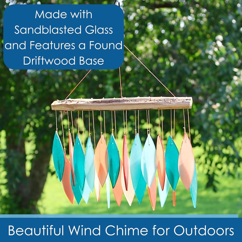 Gift Essentials Blue Handworks Coral and Teal Glass & Driftwood Chime, Sandblasted Glass and Found Wood Handcrafted Wind Chime - Image 3